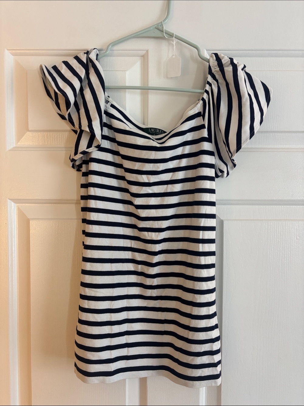 Lauren Ralph Lauren Navy and White Striped Puff-Sleeve Top